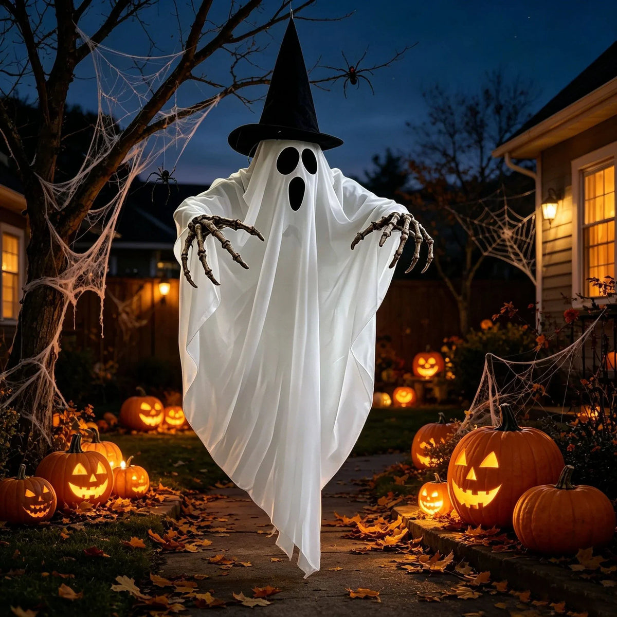 Hanging Ghost LED Witch Hat & Posable Arms