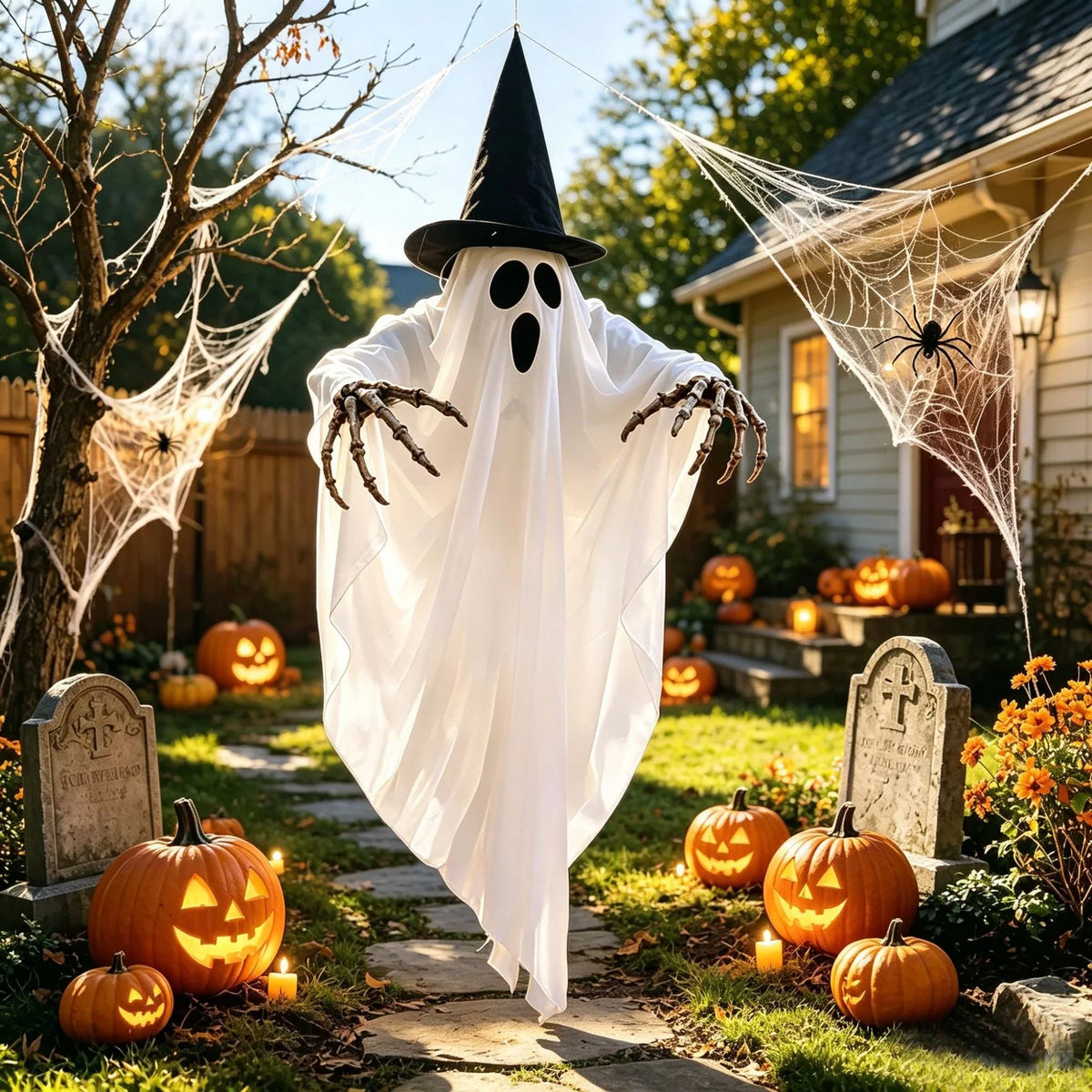 Hanging Ghost LED Witch Hat & Posable Arms
