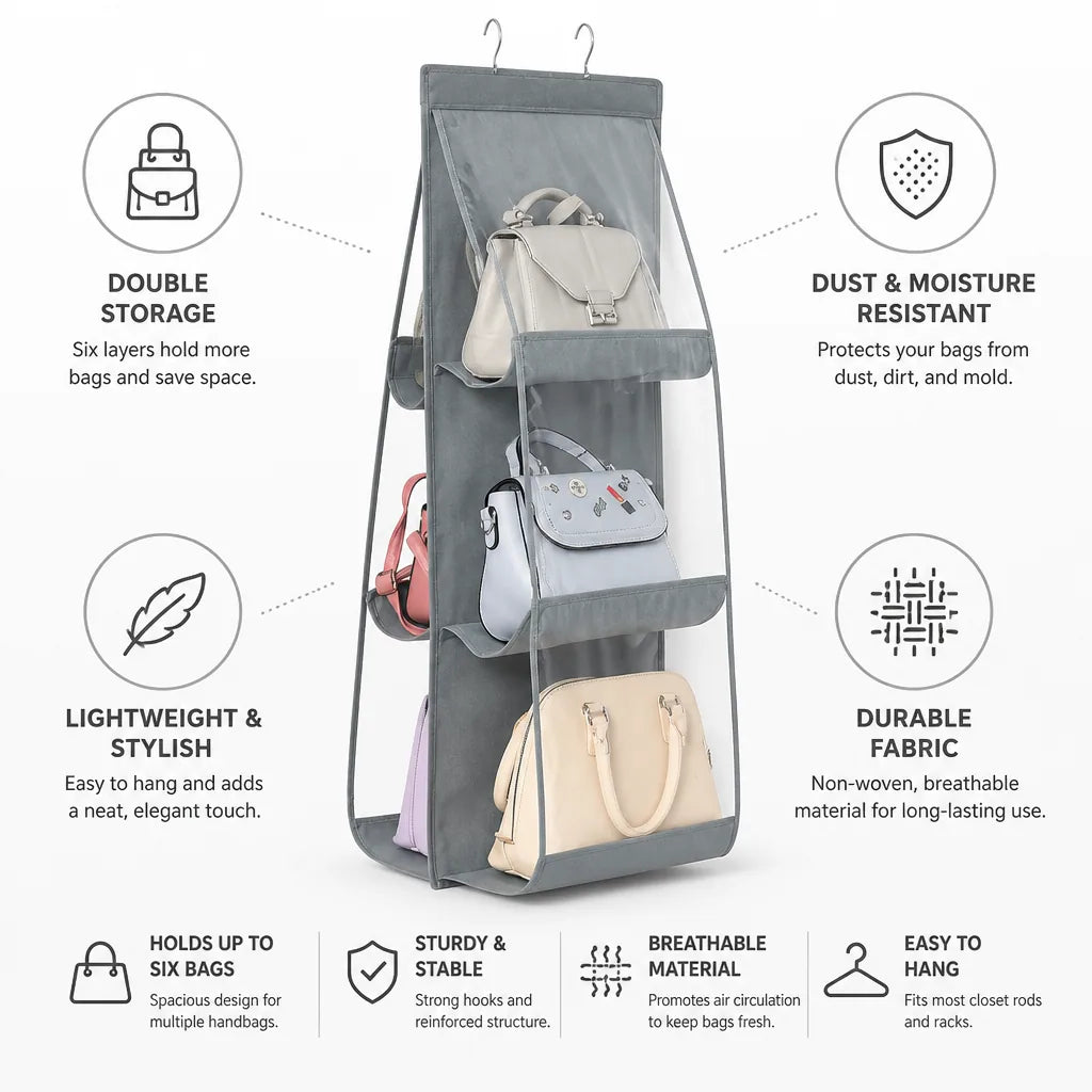 Hanging Handbag Organizer Double-Sided Holds Six Dust-Resistant Fabric