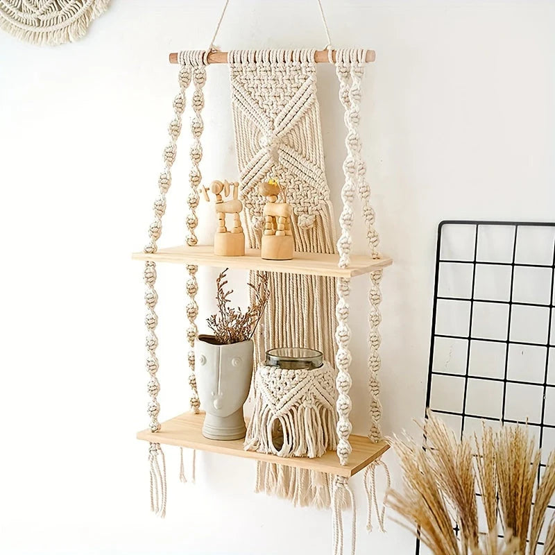 Hanging Shelf 2-Tier Hand-Knotted Macrame Timber Shelves