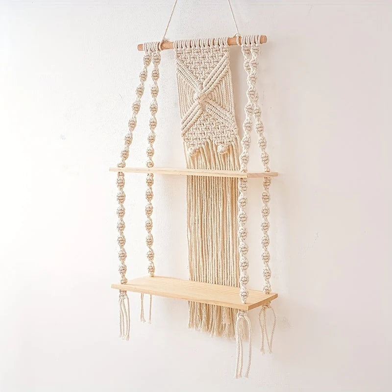Hanging Shelf 2-Tier Hand-Knotted Macrame Timber Shelves