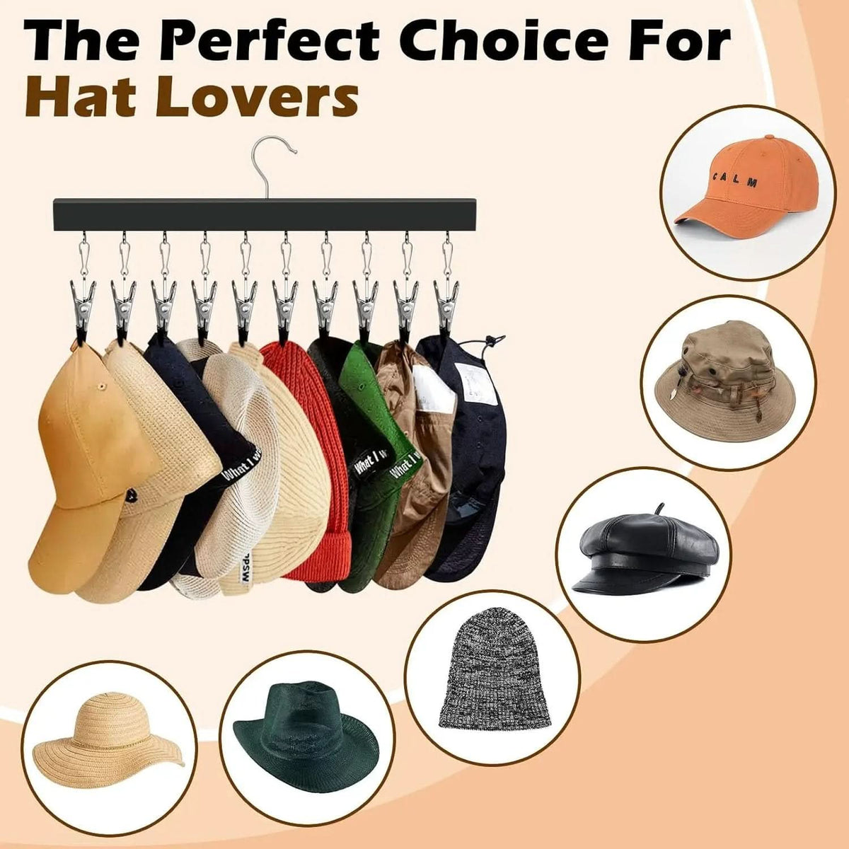 Hat Organizer Wooden Wall Display 12 Clips