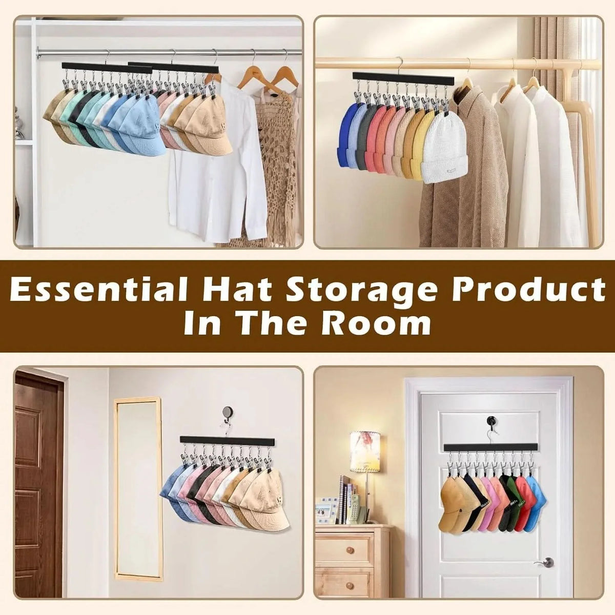 Hat Organizer Wooden Wall Display 12 Clips