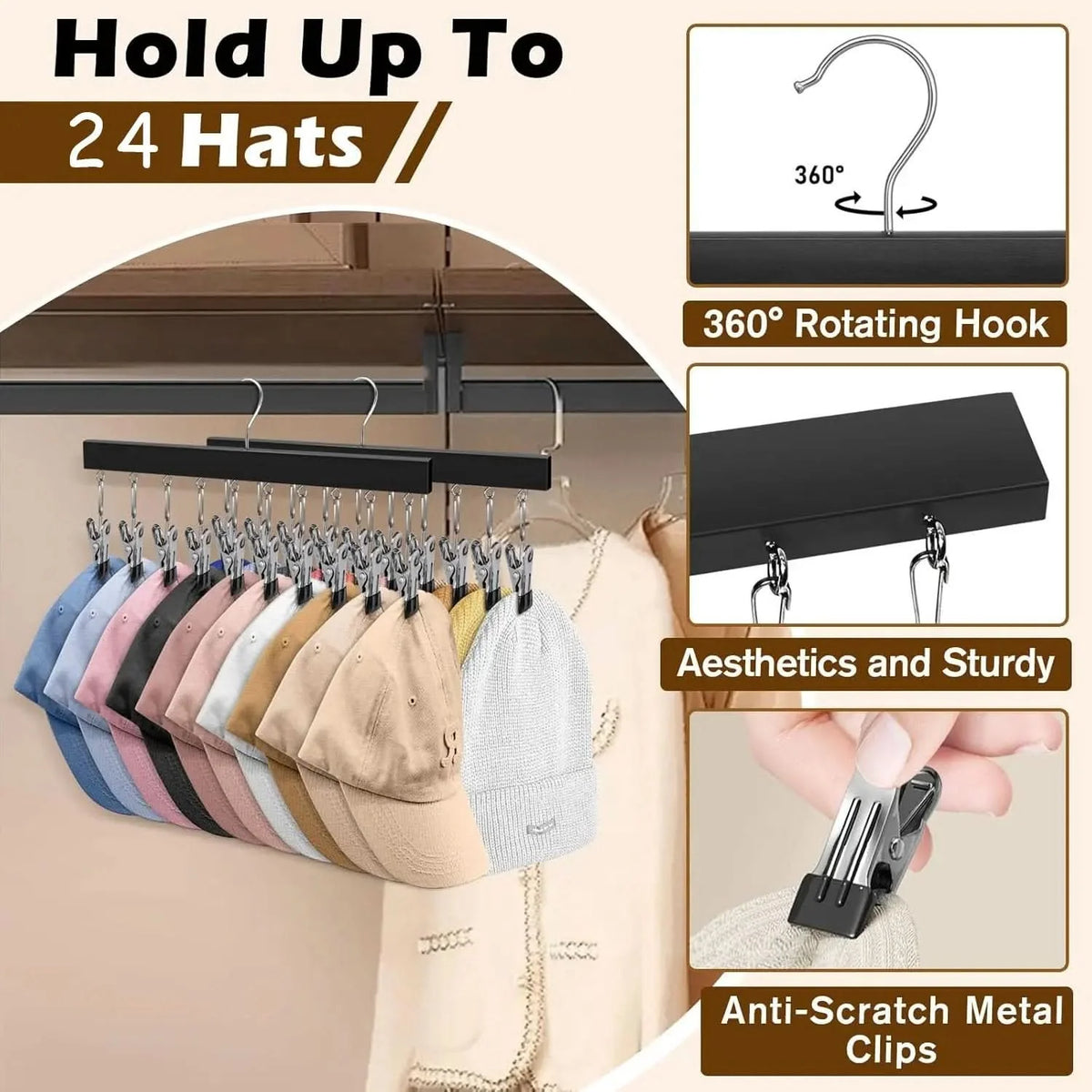 Hat Organizer Wooden Wall Display 12 Clips