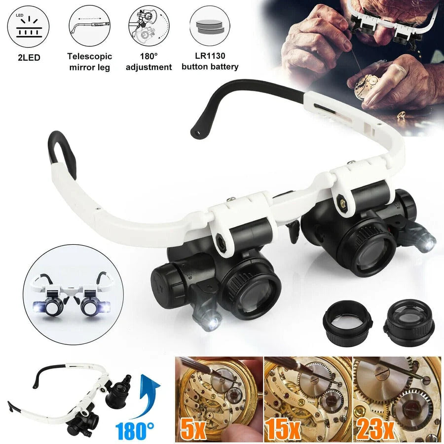 Headband Magnifier Adjustable LED & Interchangeable 10X-25X Lenses
