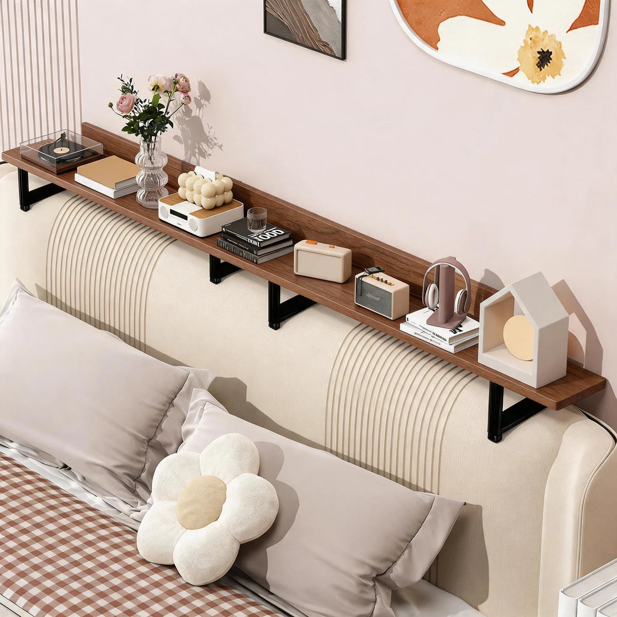 Headboard Shelf Clamp-On Non-Slip With Cable Channel