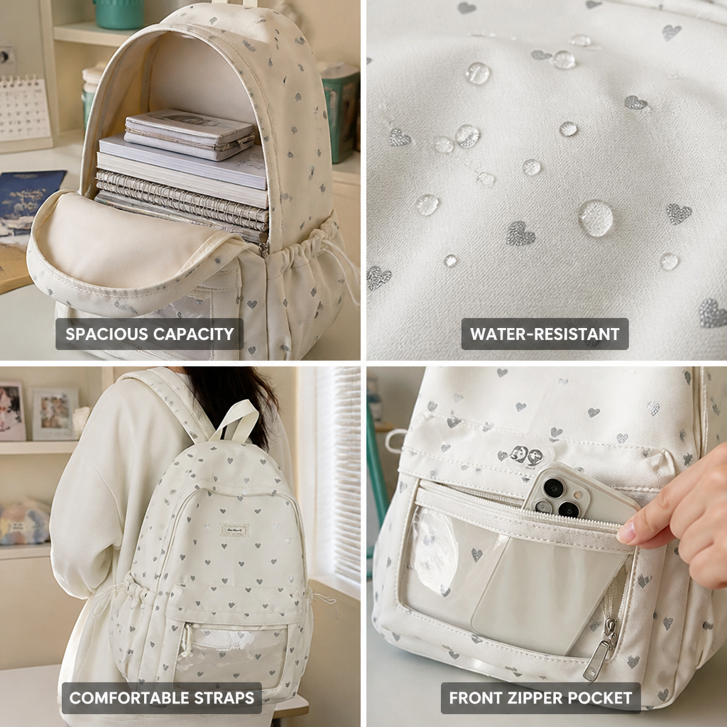 Heart-Patterned Water-Resistant School Backpack (Adjustable Padded Straps)
