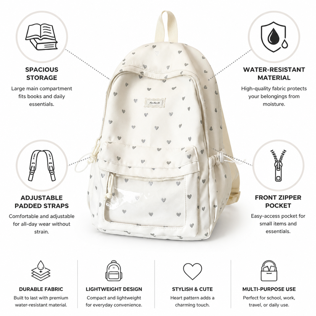 Heart-Patterned Water-Resistant School Backpack (Adjustable Padded Straps)