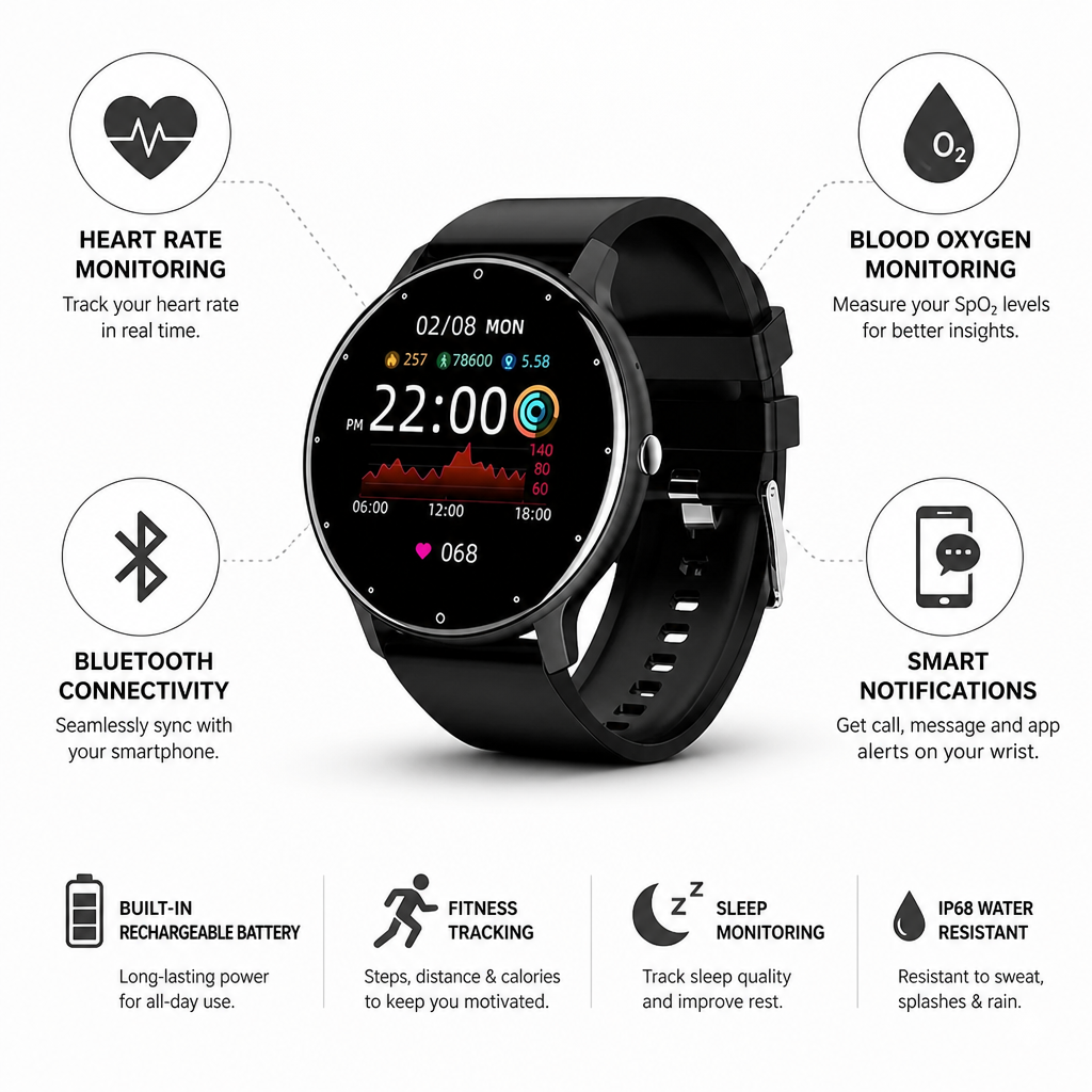 Heart Rate & Blood Oxygen Bluetooth-Enabled Fitness Watch