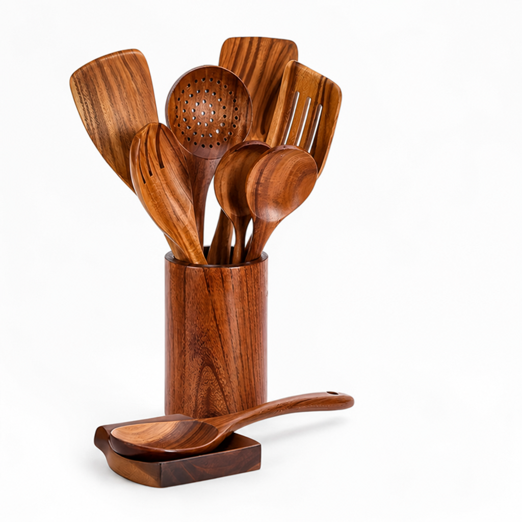 Heat-Resistant Solid Teak Utensil Set (9-Piece With Holder & Spoon Rest)