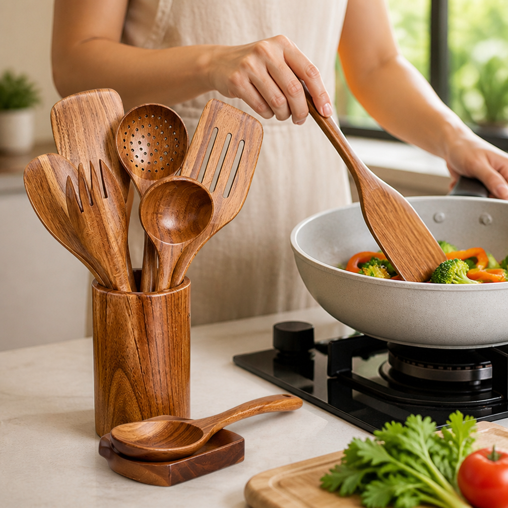 Heat-Resistant Solid Teak Utensil Set (9-Piece With Holder & Spoon Rest)