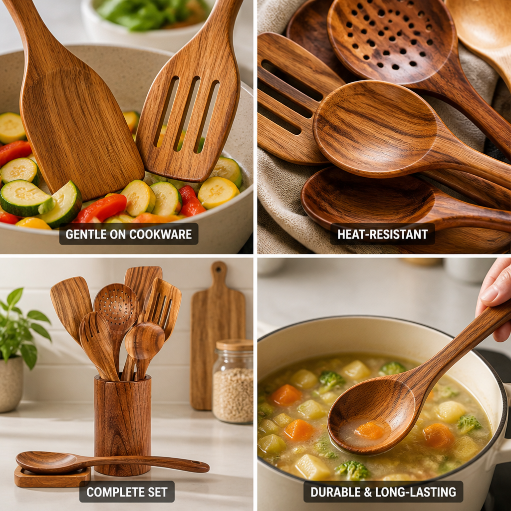 Heat-Resistant Solid Teak Utensil Set (9-Piece With Holder & Spoon Rest)