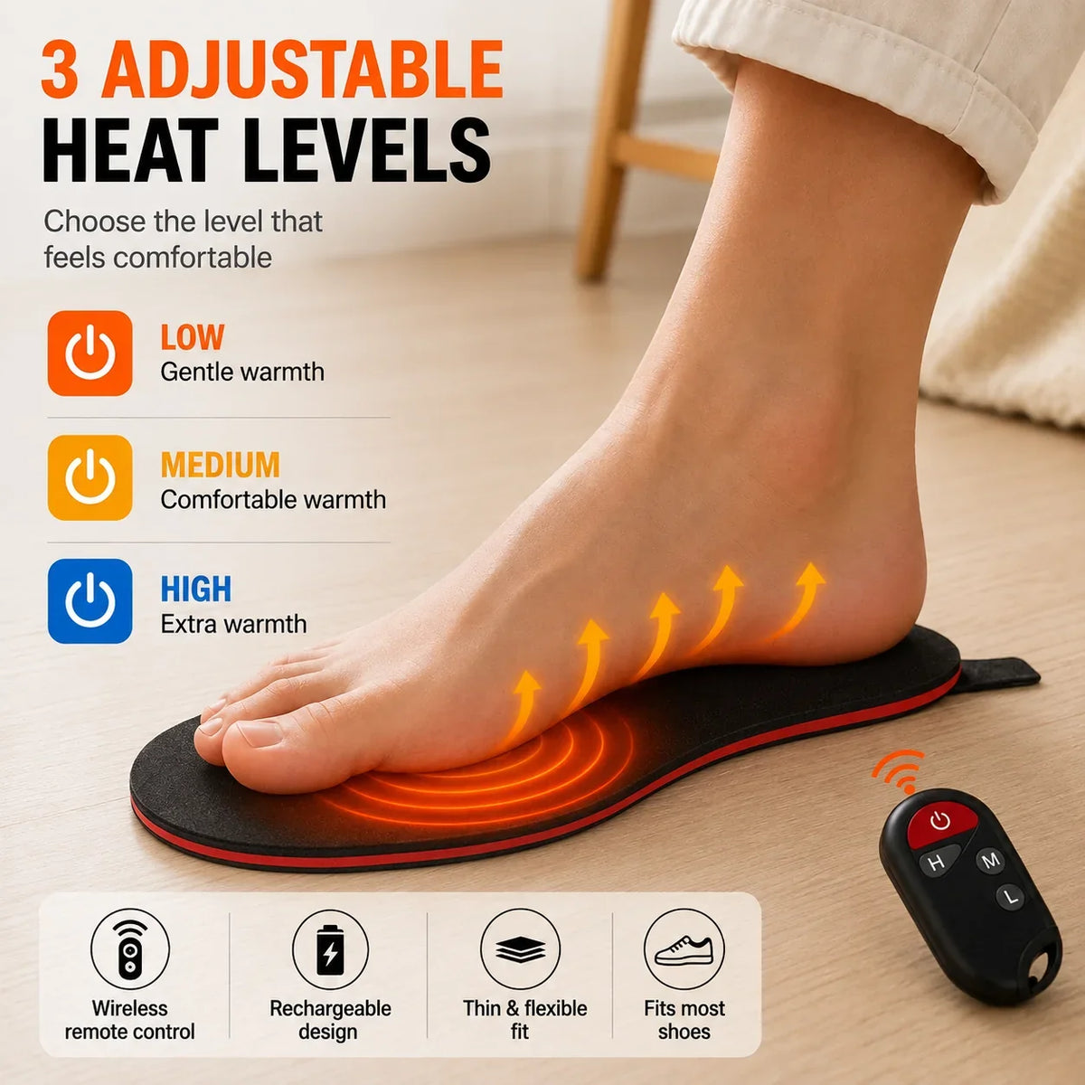 Heated Insoles Rechargeable Wireless Temperature Control Multiple Heat Settings