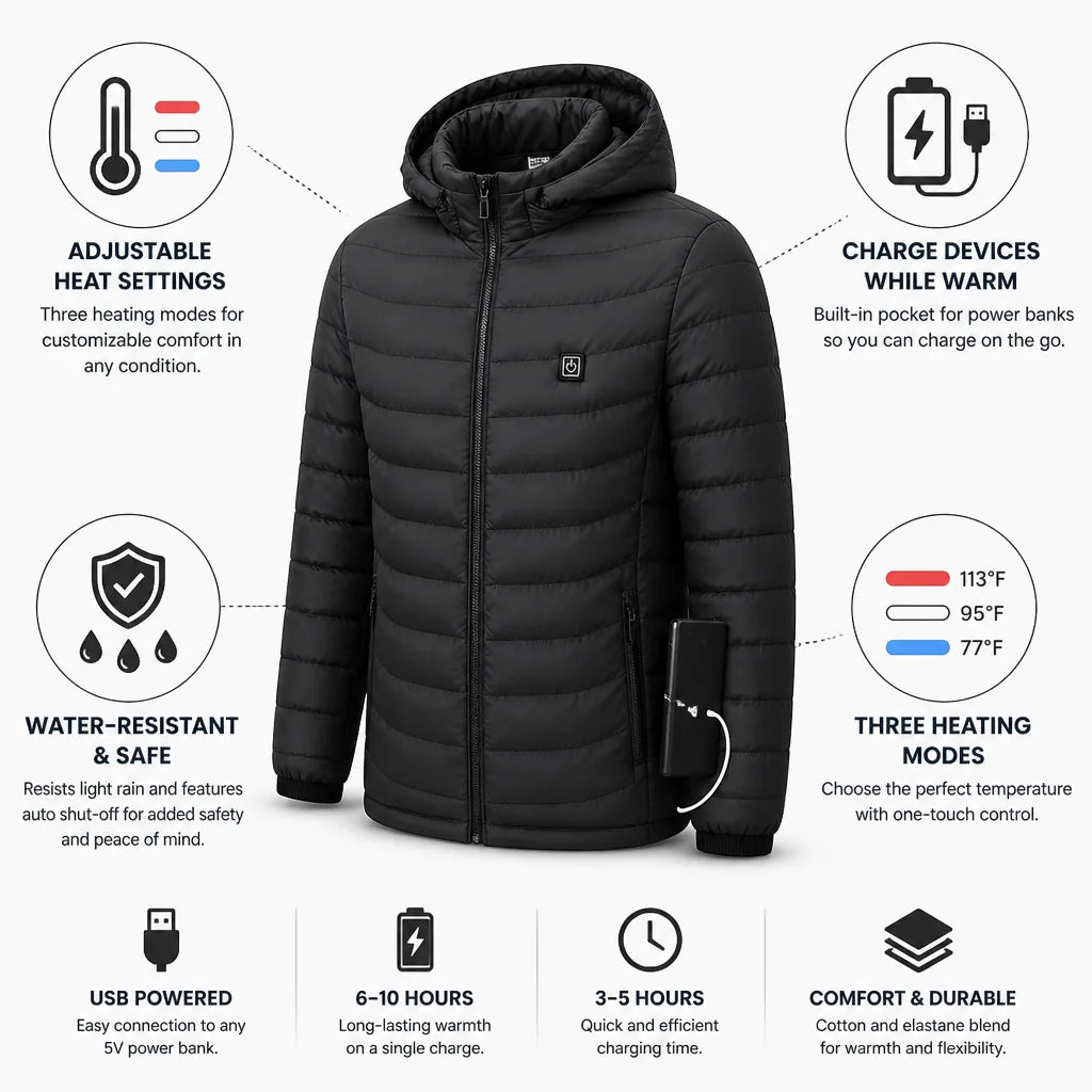 Heated Jacket USB-Powered Power Bank Pocket Water-Resistant