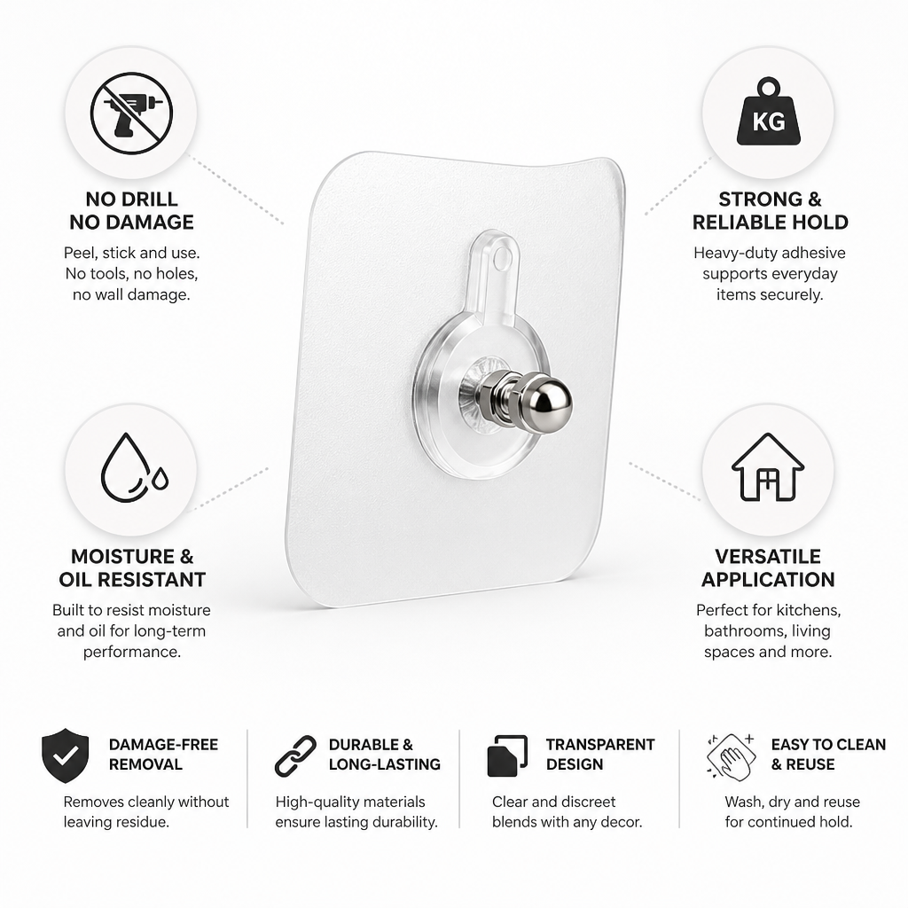 Heavy-Duty No-Drill Transparent Adhesive Wall Hook (Pack of 20)