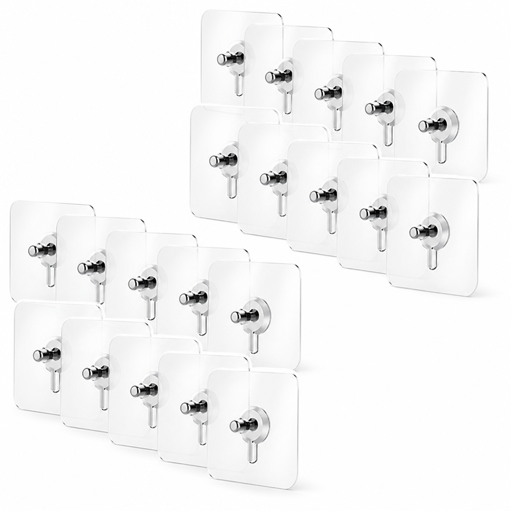 Heavy-Duty No-Drill Transparent Adhesive Wall Hook (Pack of 20)