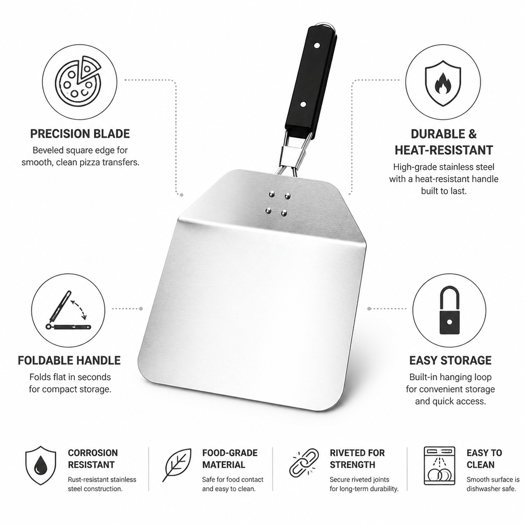 Heavy-Duty Stainless Steel Square-Edge Pizza Peel (Foldable Handle)