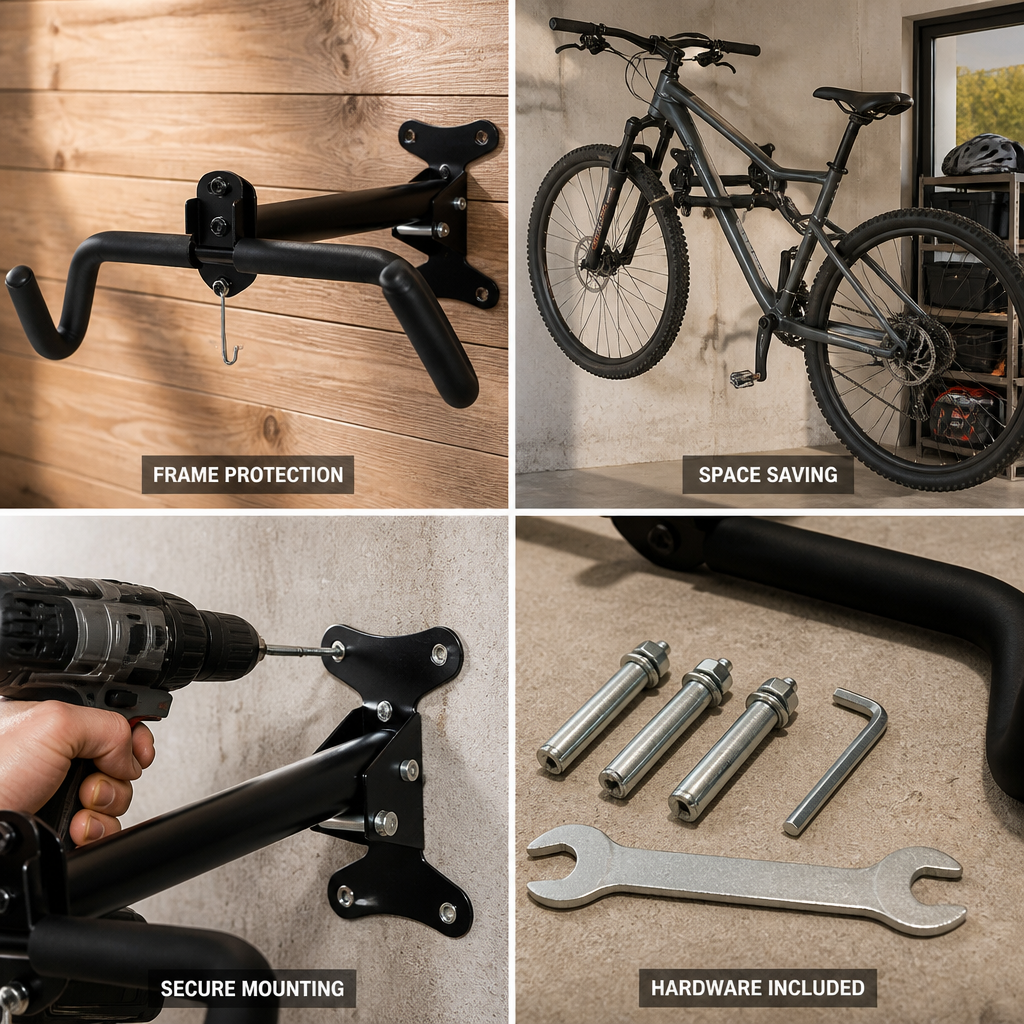 Heavy-Gauge Steel Padded Dual-Arm Bicycle Rack (Wall-Mounted, Anchors Included)