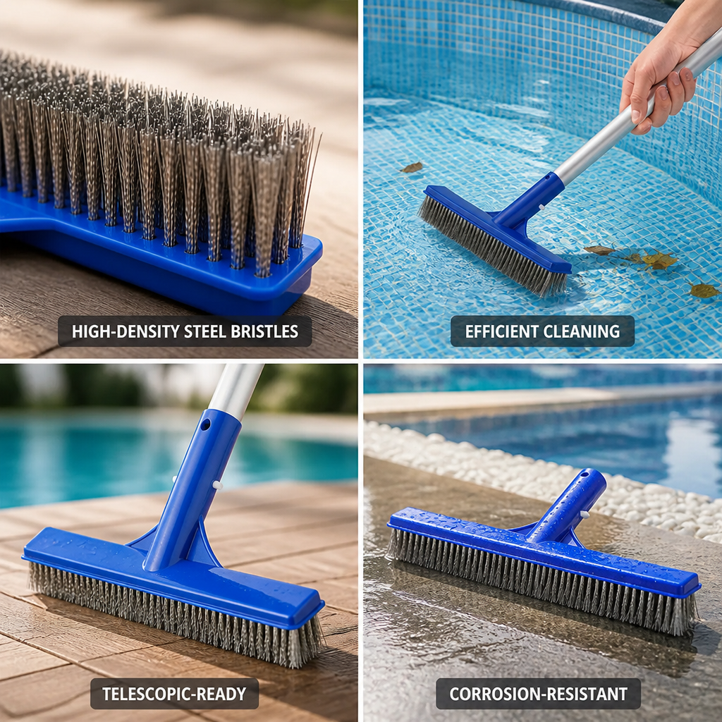 High-Density Steel Bristle Pool Brush (10in, Telescopic-Ready)