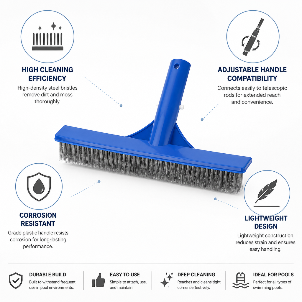 High-Density Steel Bristle Pool Brush (10in, Telescopic-Ready)