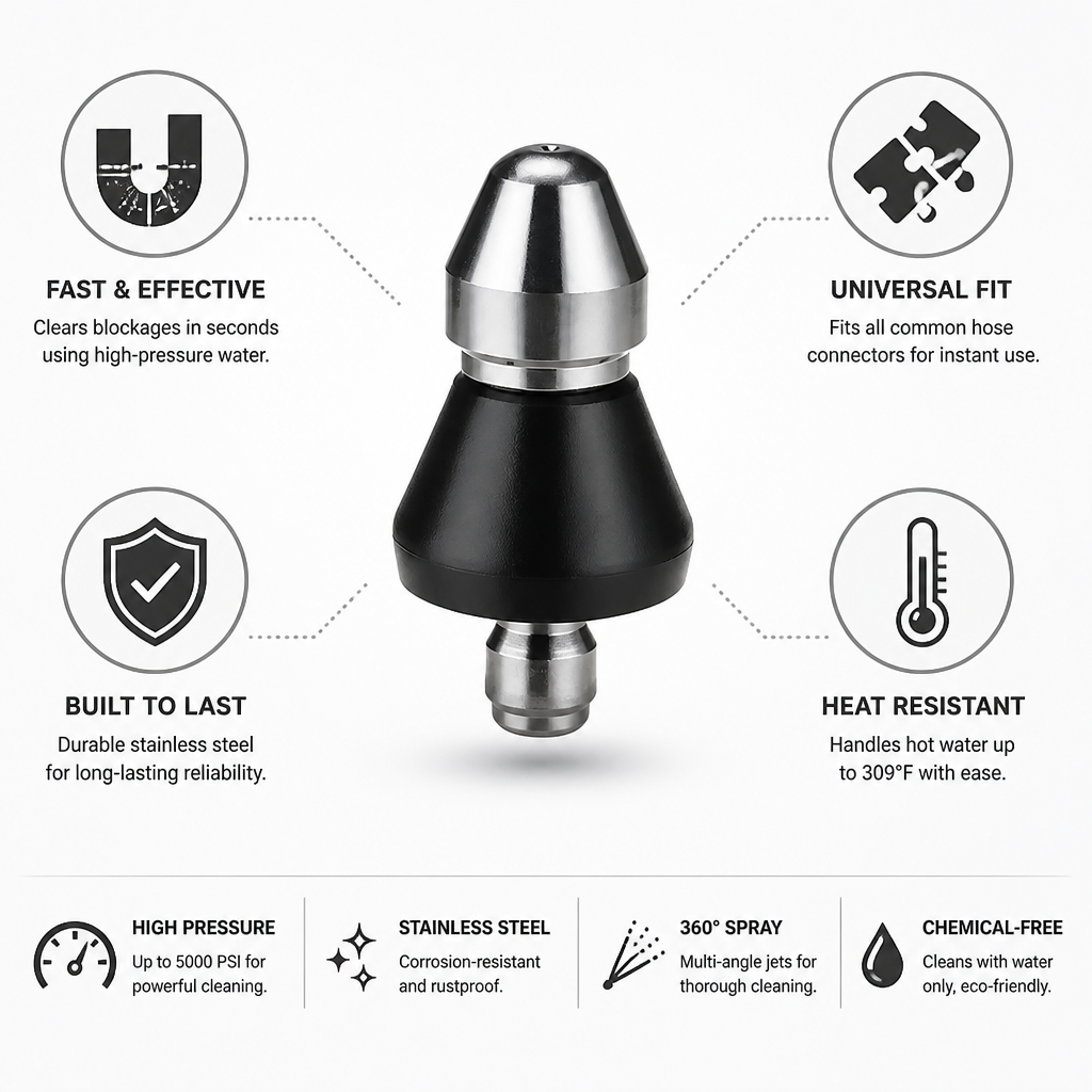 High-Pressure Stainless Steel Drain Nozzle (Universal Hose Fit)