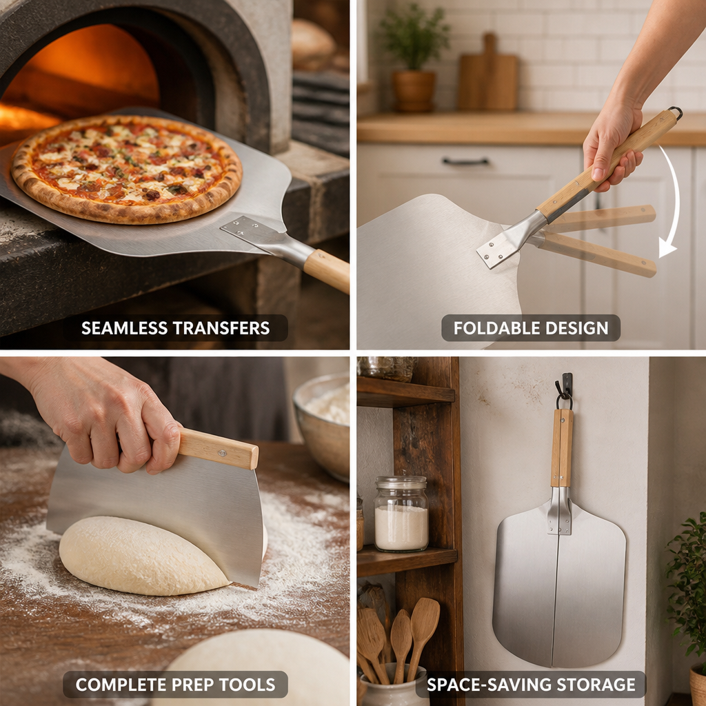 High-Temp Aluminum Folding Hardwood-Handle Pizza Peel (Removable Scraper & Bench Knife)