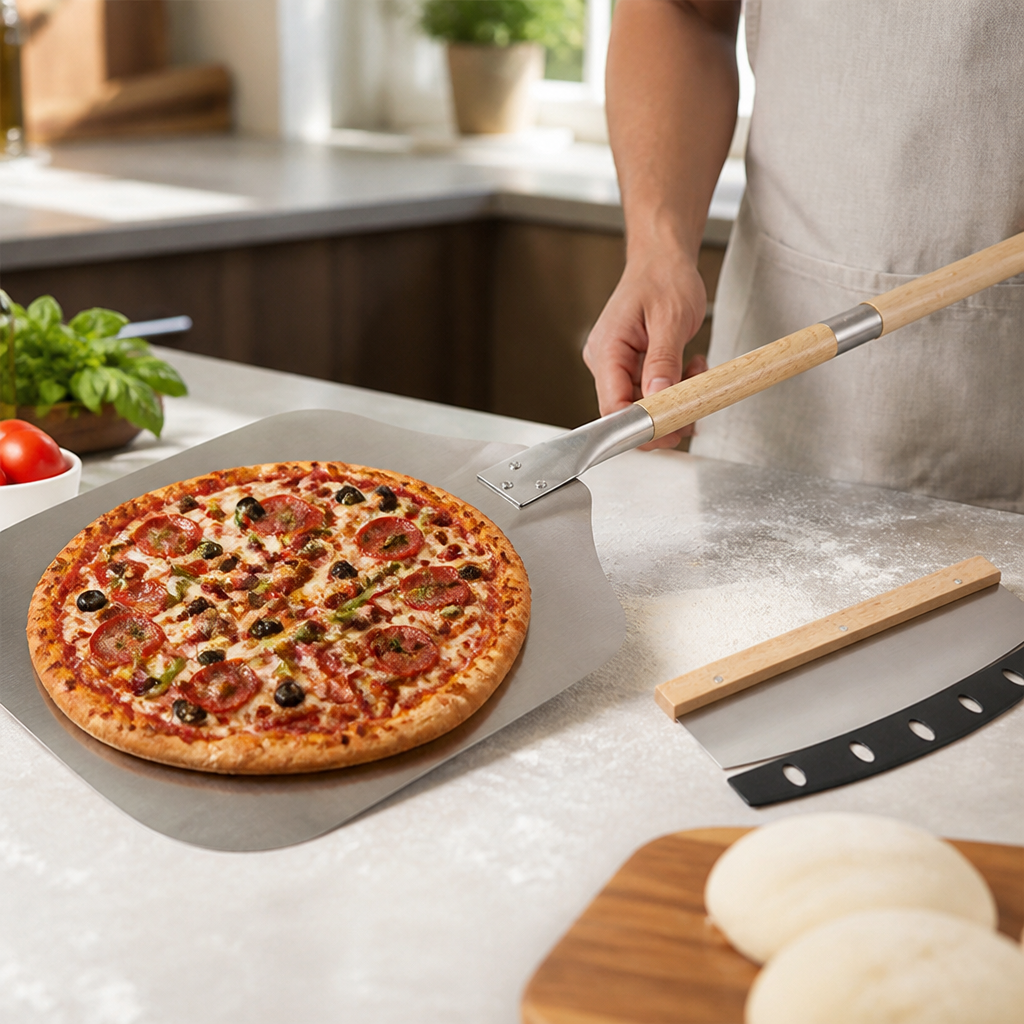 High-Temp Aluminum Folding Hardwood-Handle Pizza Peel (Removable Scraper & Bench Knife)