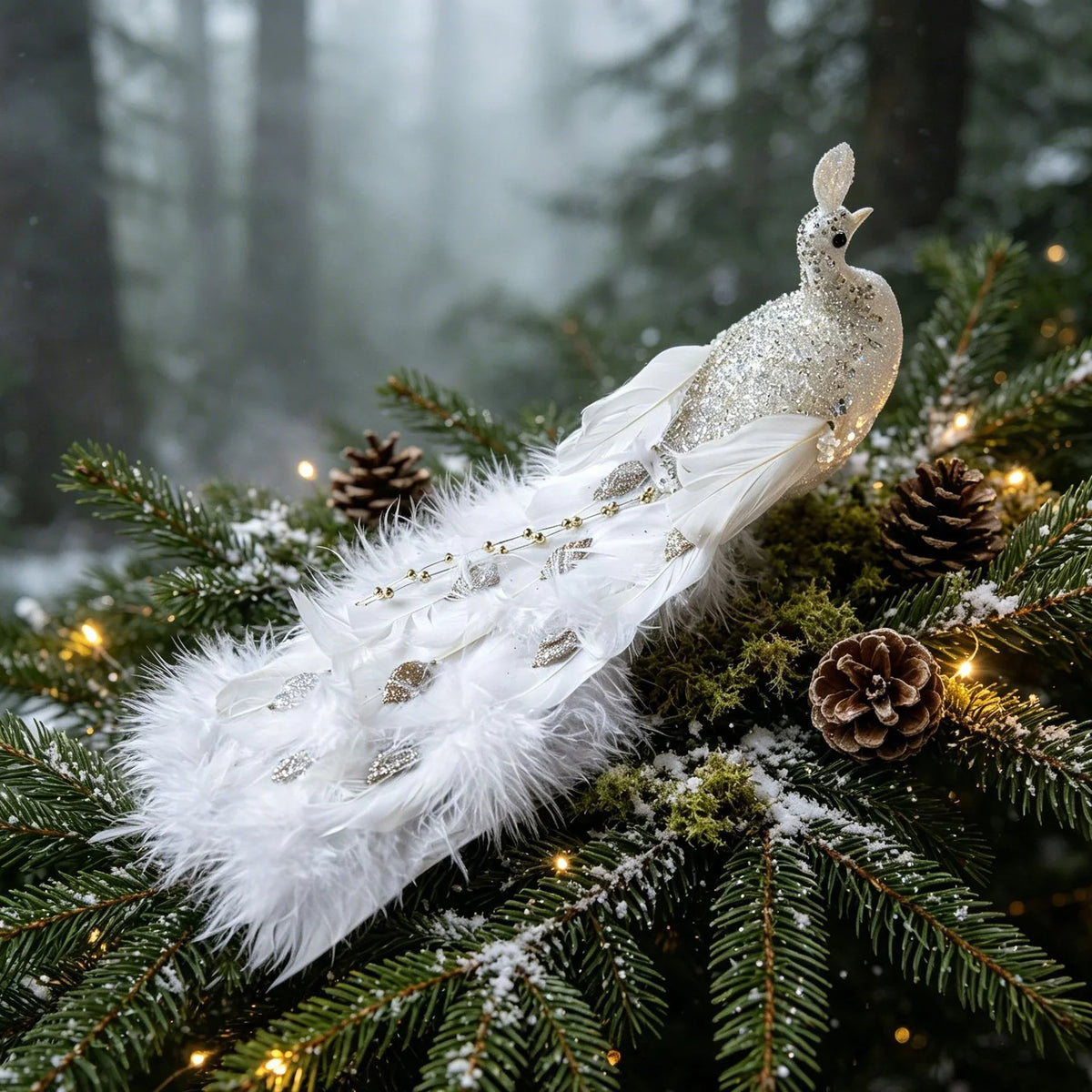 Holiday Feather Decoration Sparkling Accents White Green & Gold
