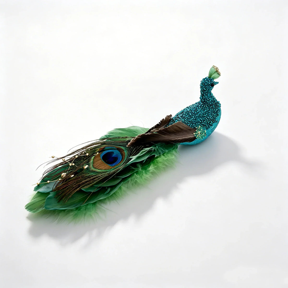 Holiday Feather Decoration Sparkling Accents White Green & Gold