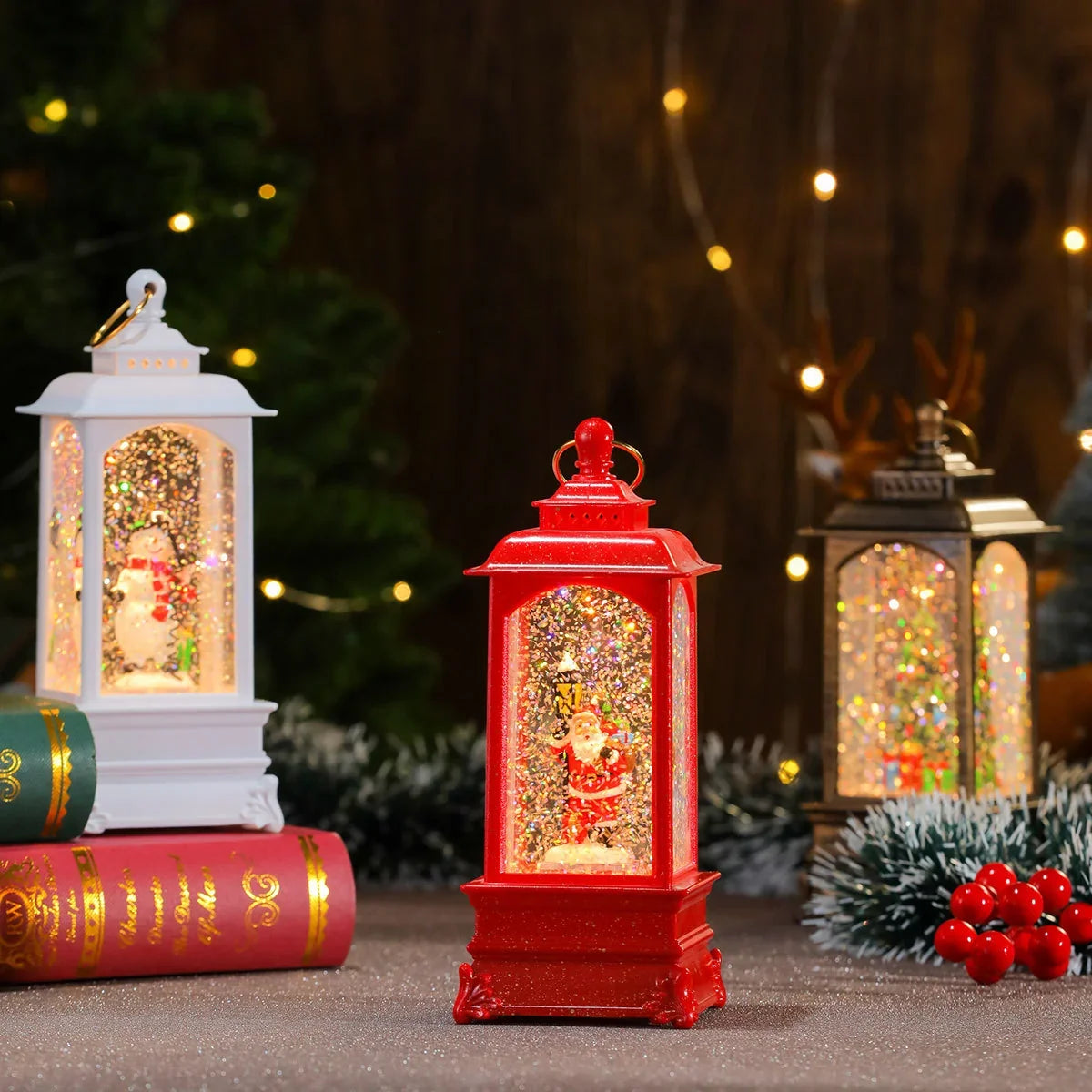 Holiday Lantern Illuminated Snowfall Santa Scene