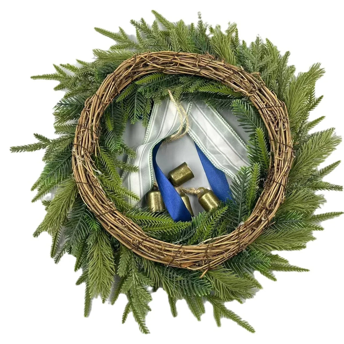 Holiday Wreath Faux Evergreen 18 Inch Ribbon & Bells