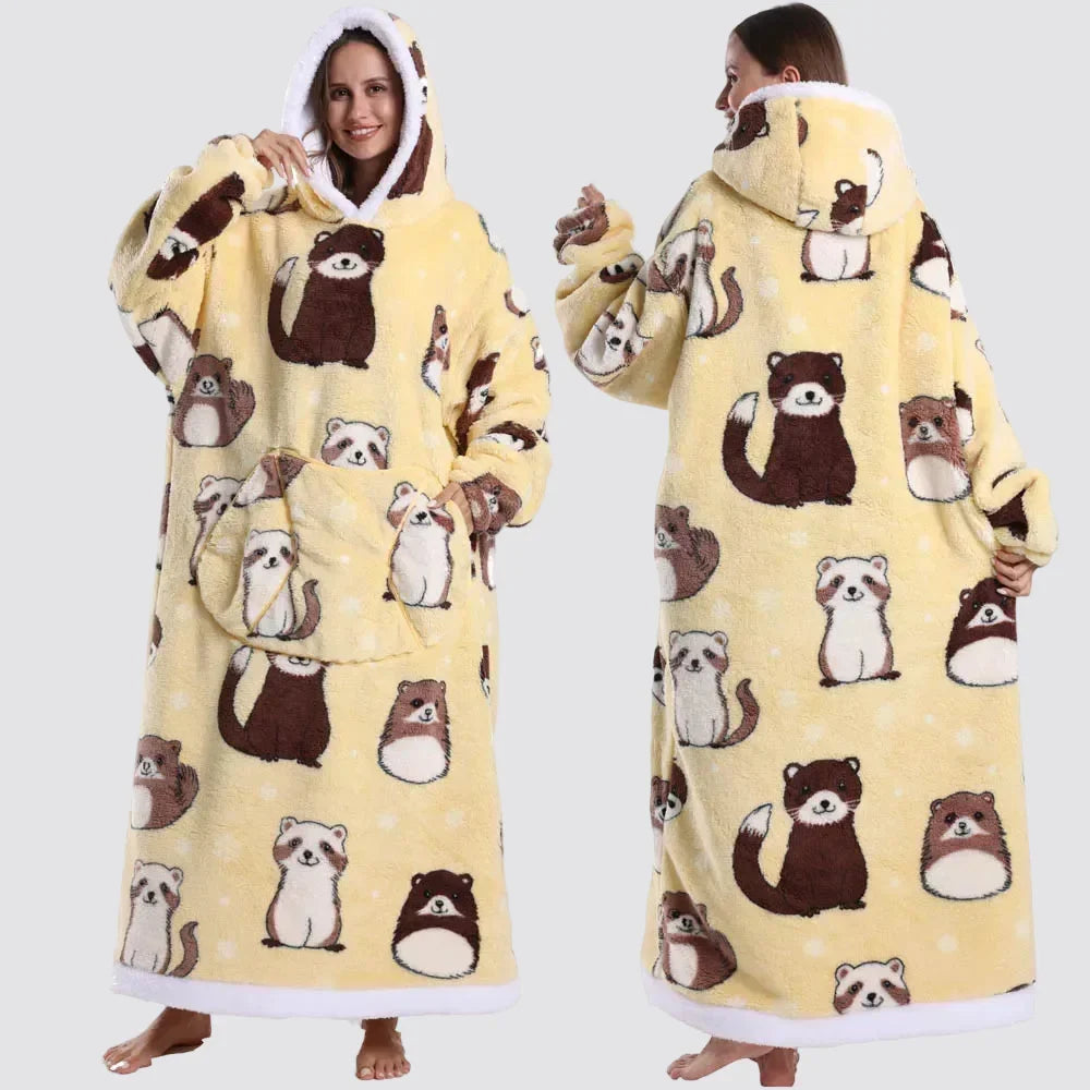 Hooded Blanket Oversized Double-Brushed Fleece Deep Hood & Pouch Pocket