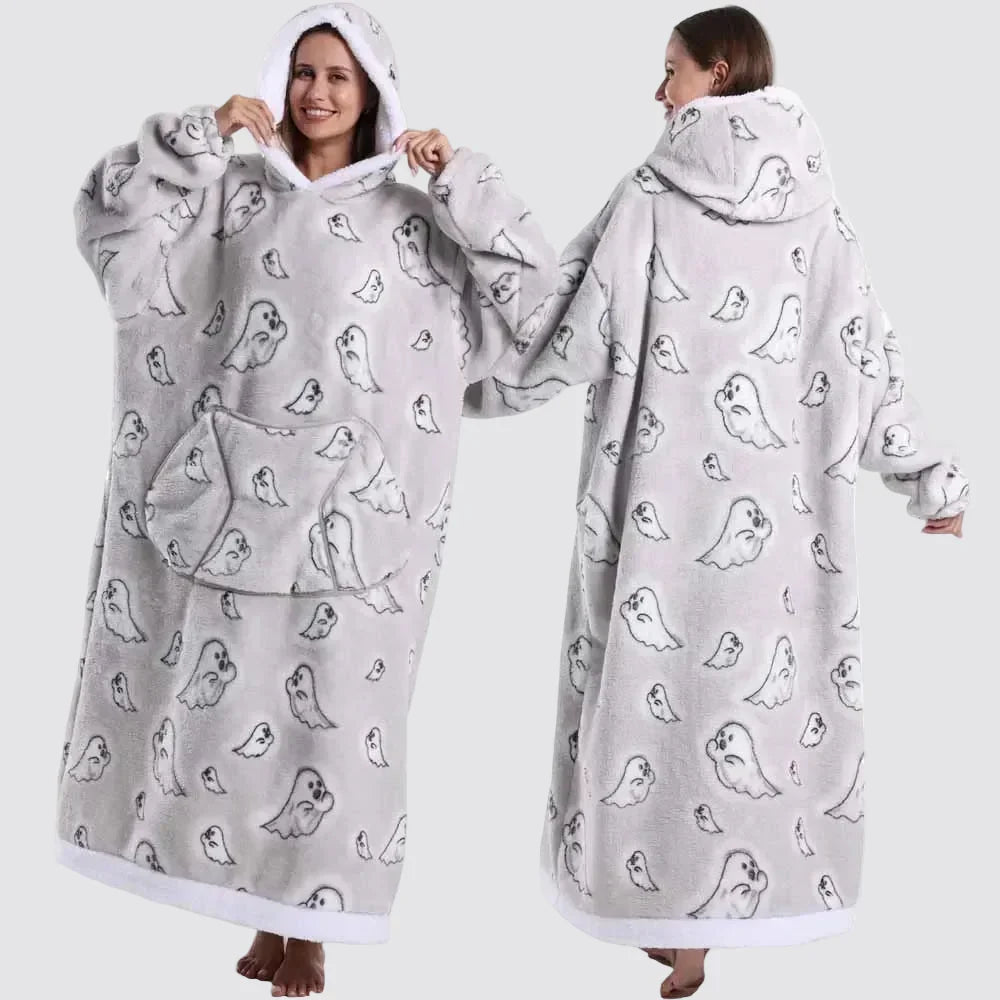 Hooded Blanket Oversized Double-Brushed Fleece Deep Hood & Pouch Pocket