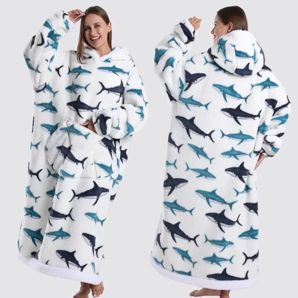 Hooded Blanket Oversized Double-Brushed Fleece Deep Hood & Pouch Pocket