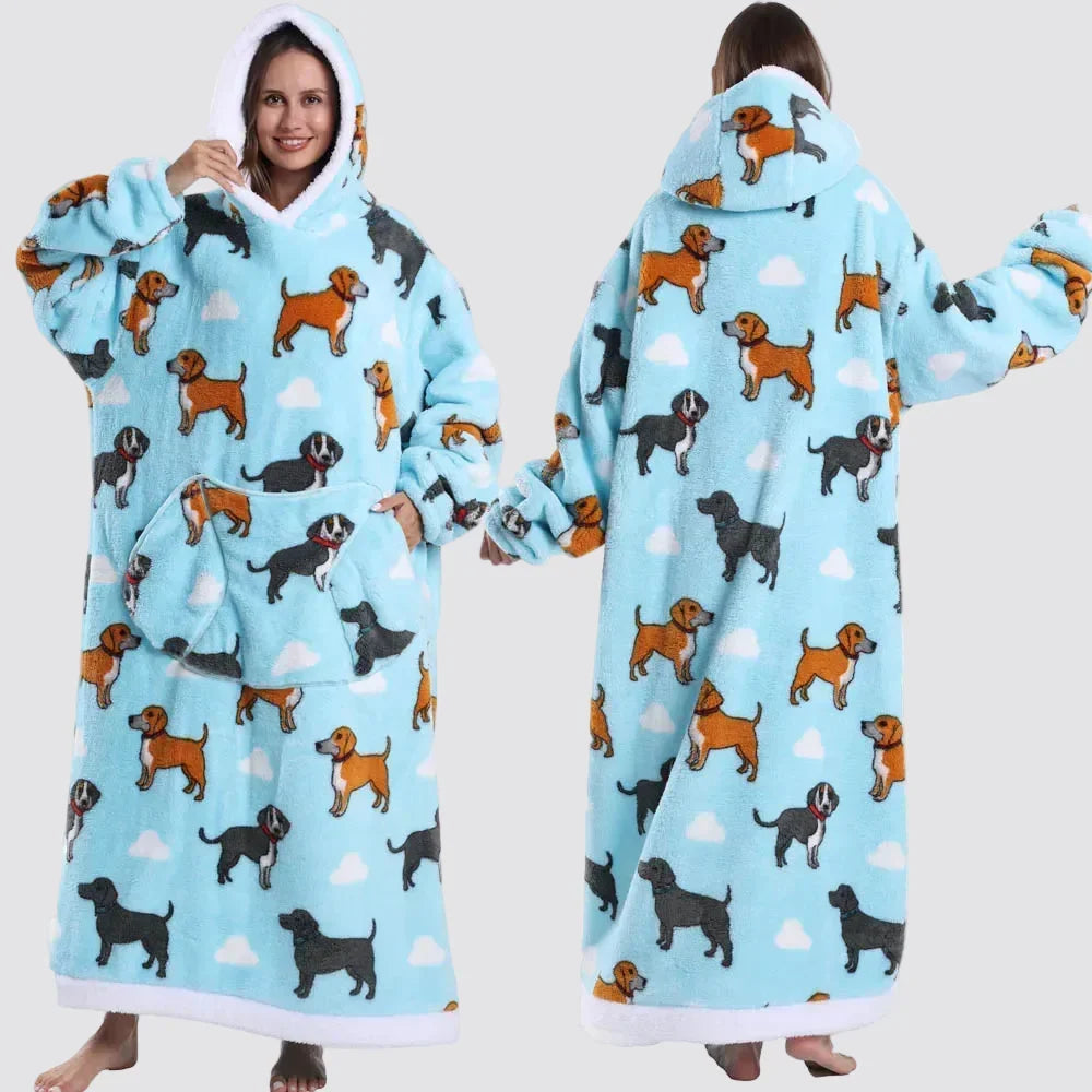 Hooded Blanket Oversized Double-Brushed Fleece Deep Hood & Pouch Pocket