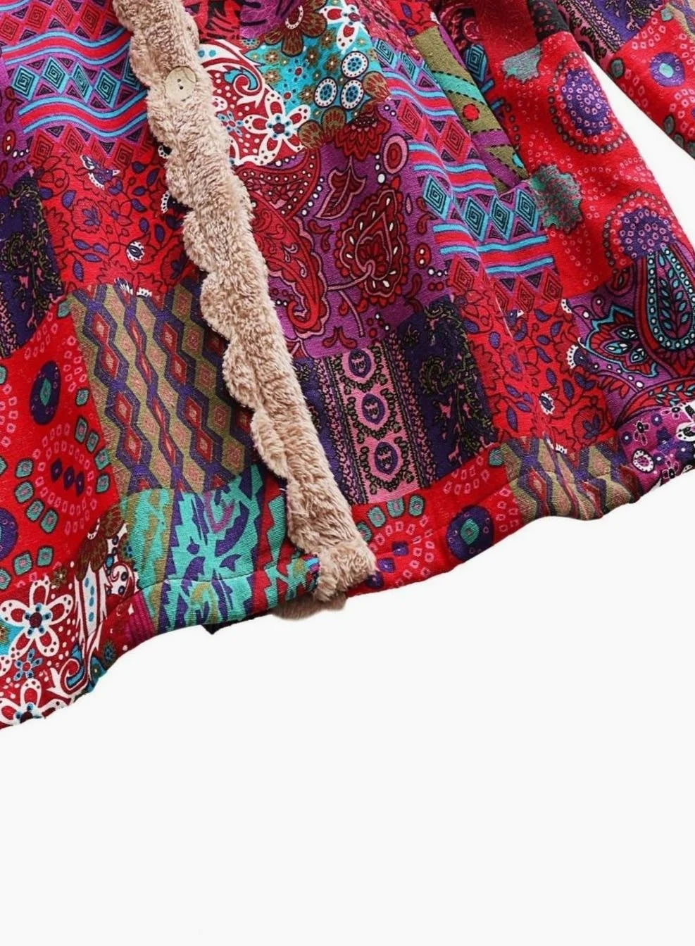 Hooded Jacket Fleece-Lined Boho Patchwork Print Button-Front