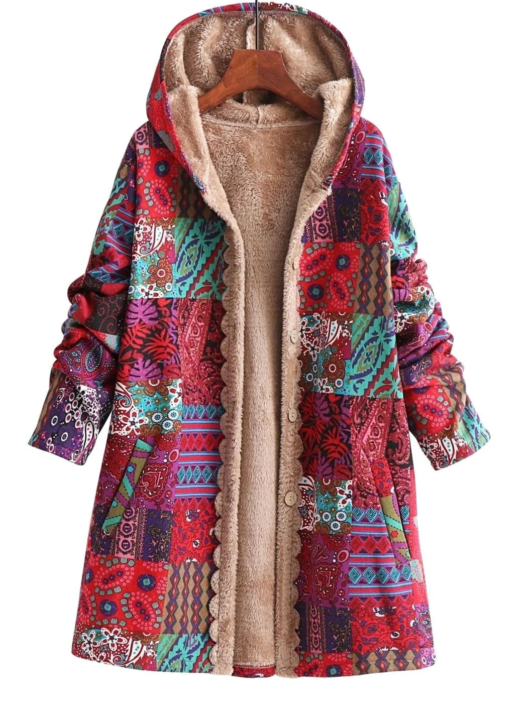 Hooded Jacket Fleece-Lined Boho Patchwork Print Button-Front