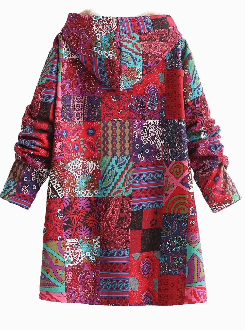Hooded Jacket Fleece-Lined Boho Patchwork Print Button-Front