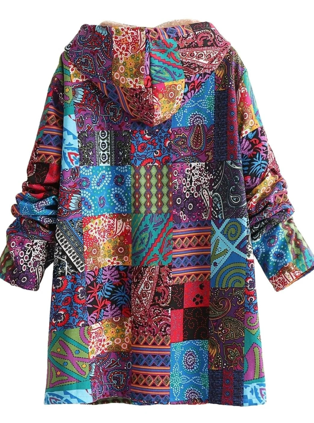 Hooded Jacket Fleece-Lined Boho Patchwork Print Button-Front