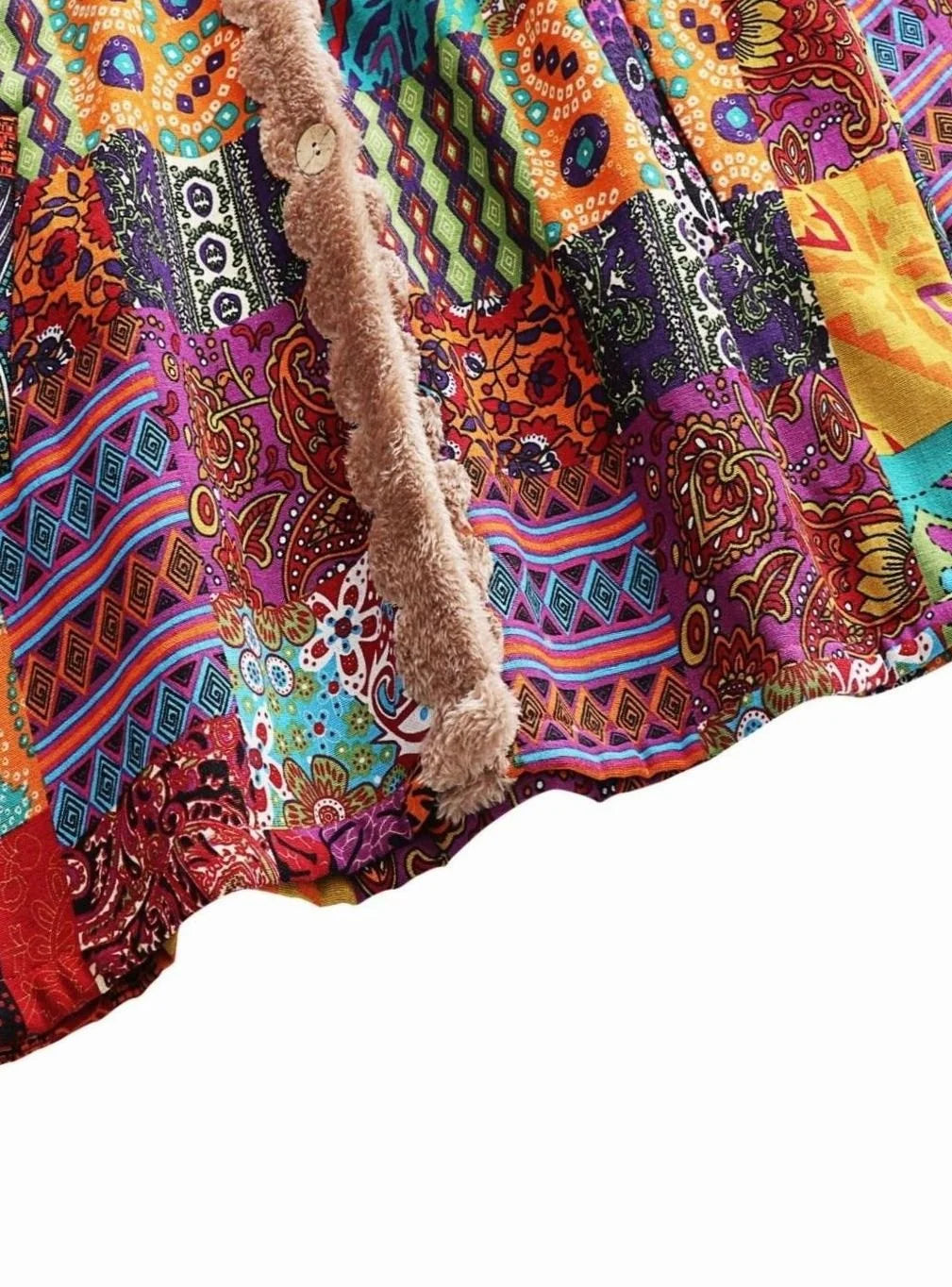 Hooded Jacket Fleece-Lined Boho Patchwork Print Button-Front