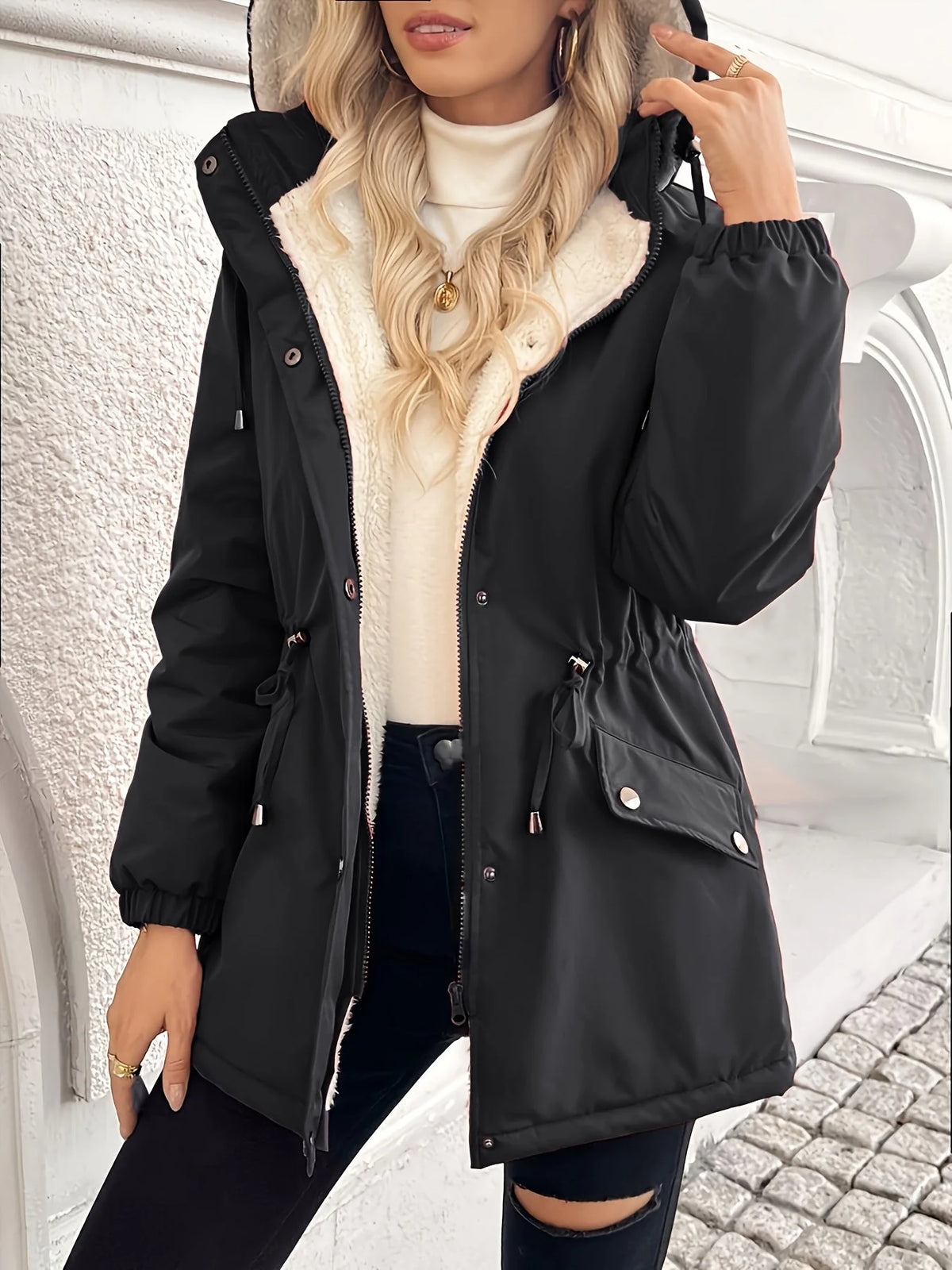 Hooded Jacket Plush Lined Zip & Snap Closure