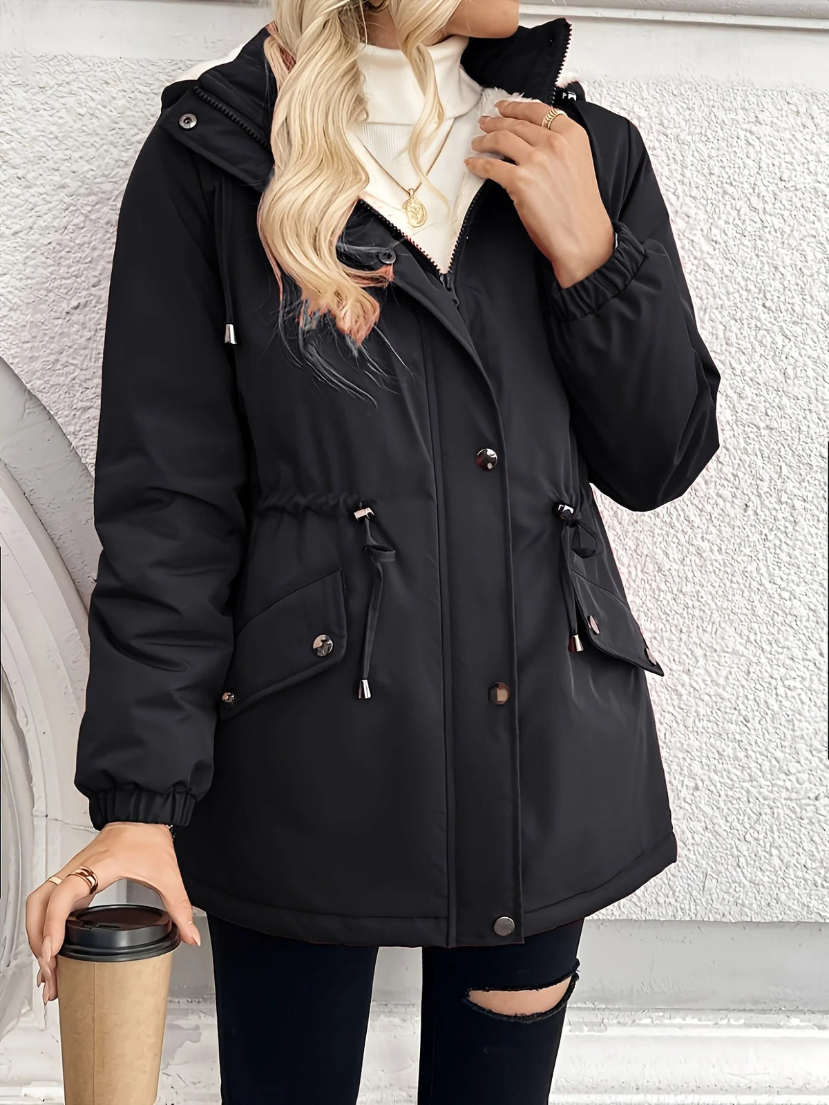 Hooded Jacket Plush Lined Zip & Snap Closure
