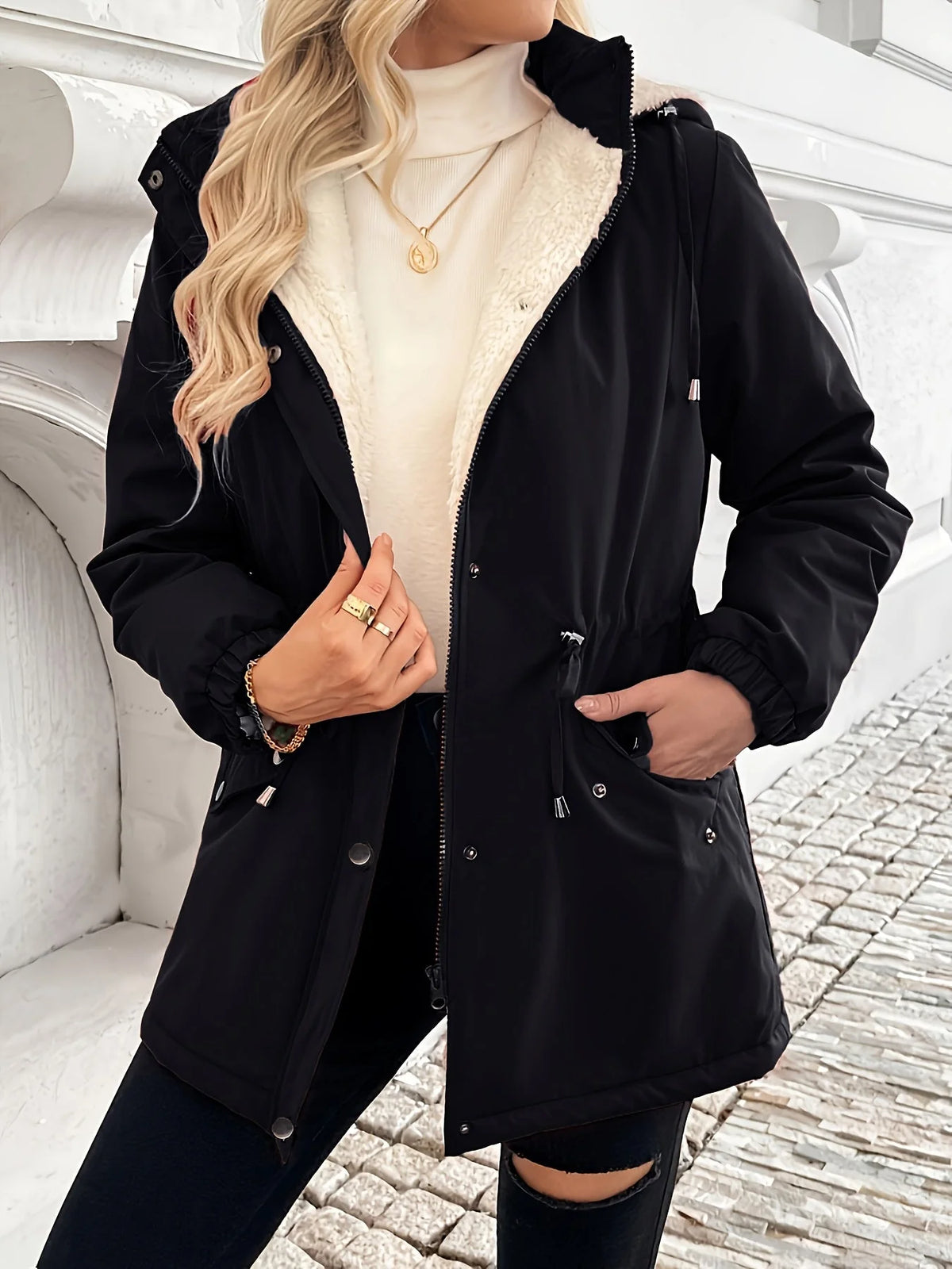 Hooded Jacket Plush Lined Zip & Snap Closure