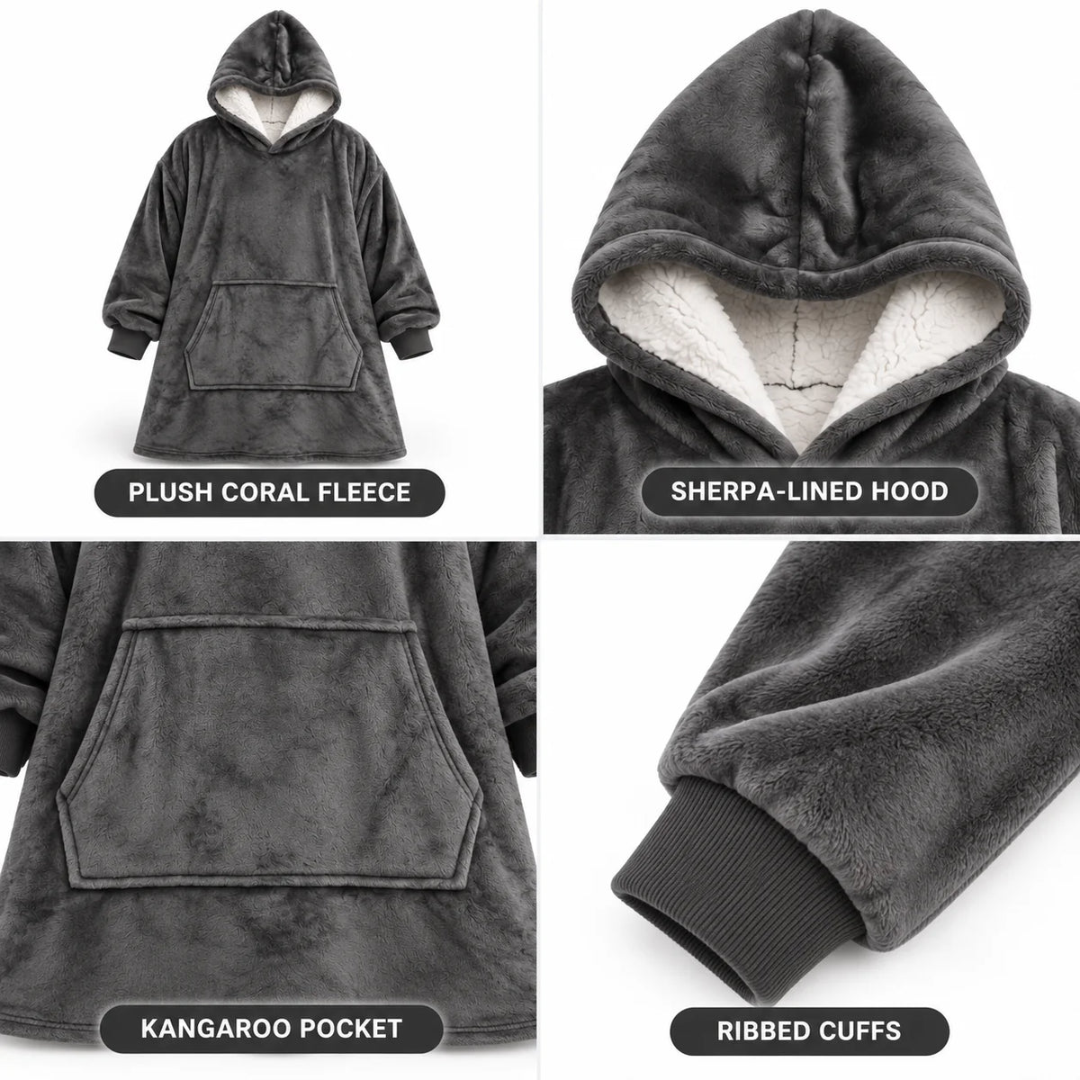 Hoodie Blanket Oversized Sherpa Fleece Hood & Front Pocket