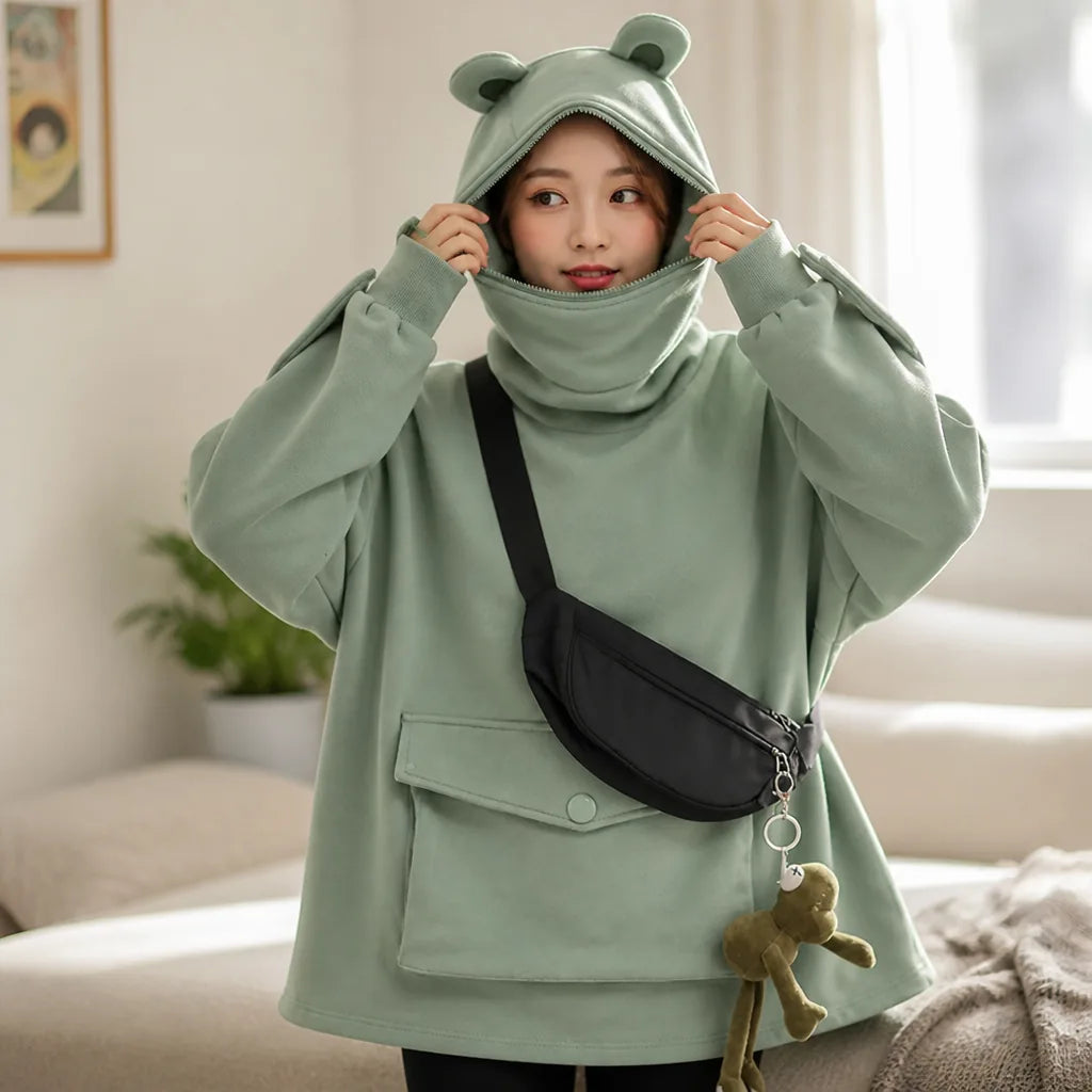 Hoodie Frog-Style Zip-Up Hood & Sleeves Oversized Cotton Fleece