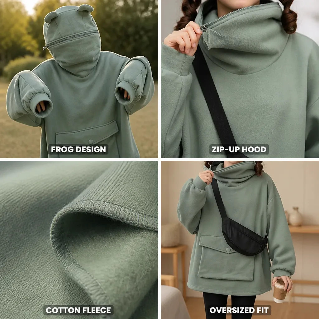 Hoodie Frog-Style Zip-Up Hood & Sleeves Oversized Cotton Fleece