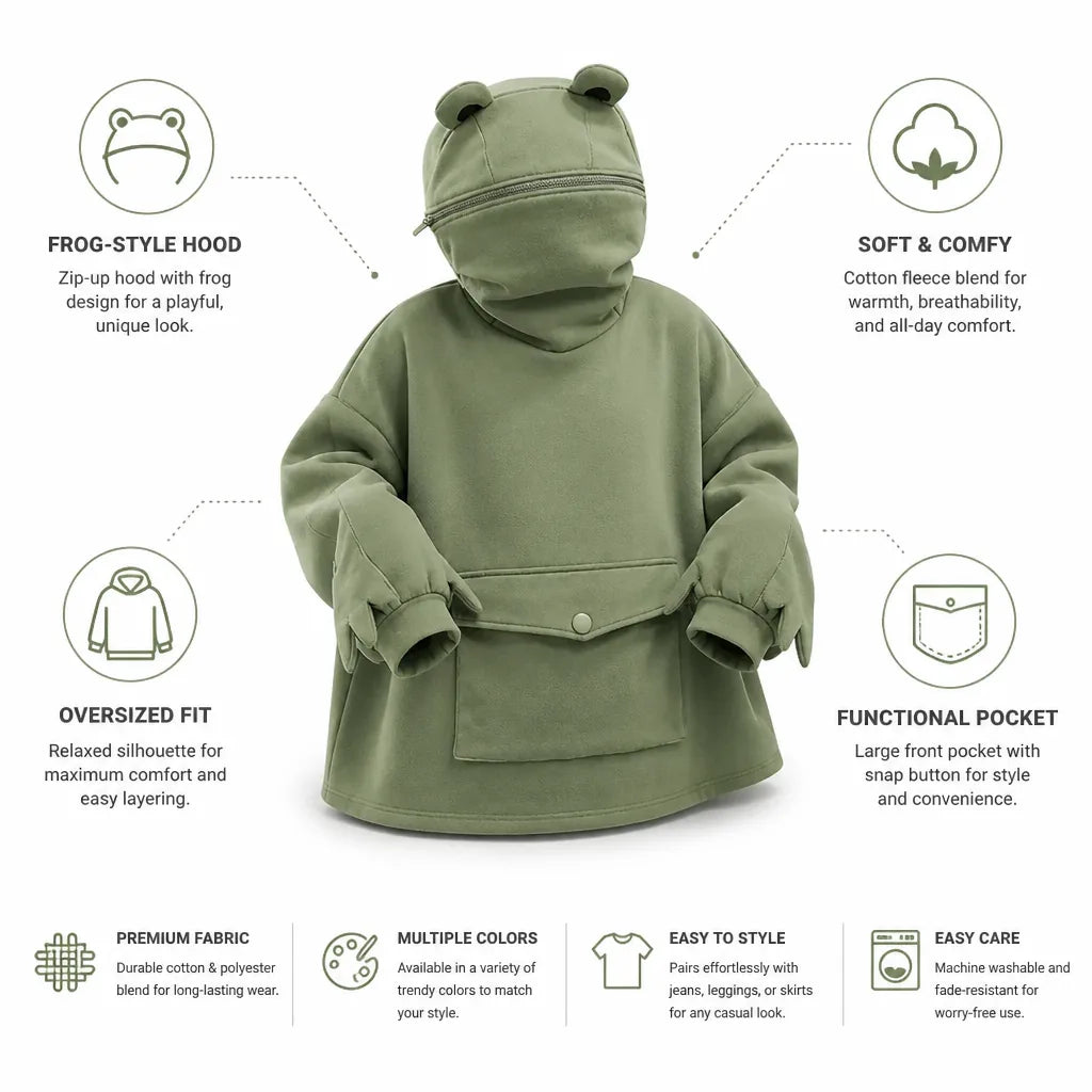Hoodie Frog-Style Zip-Up Hood & Sleeves Oversized Cotton Fleece