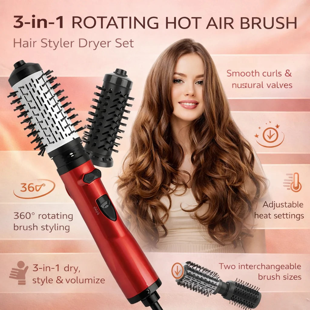Hot Air Brush Rotating Ionic Two Interchangeable Heads