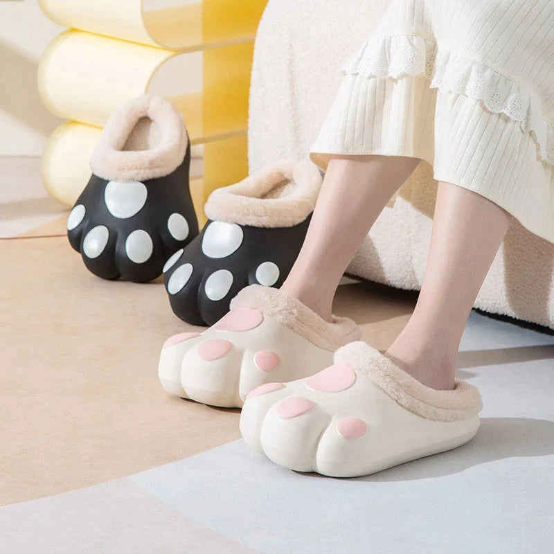 House Slippers Plush Cat Paw Fleece Lined Non-Slip Sole