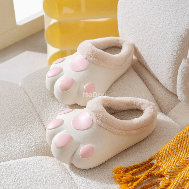 House Slippers Plush Cat Paw Fleece Lined Non-Slip Sole